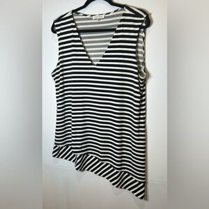 Calvin Klein Black and White Striped, VNeck, Assymetrical Hem, Sleeveless Top.